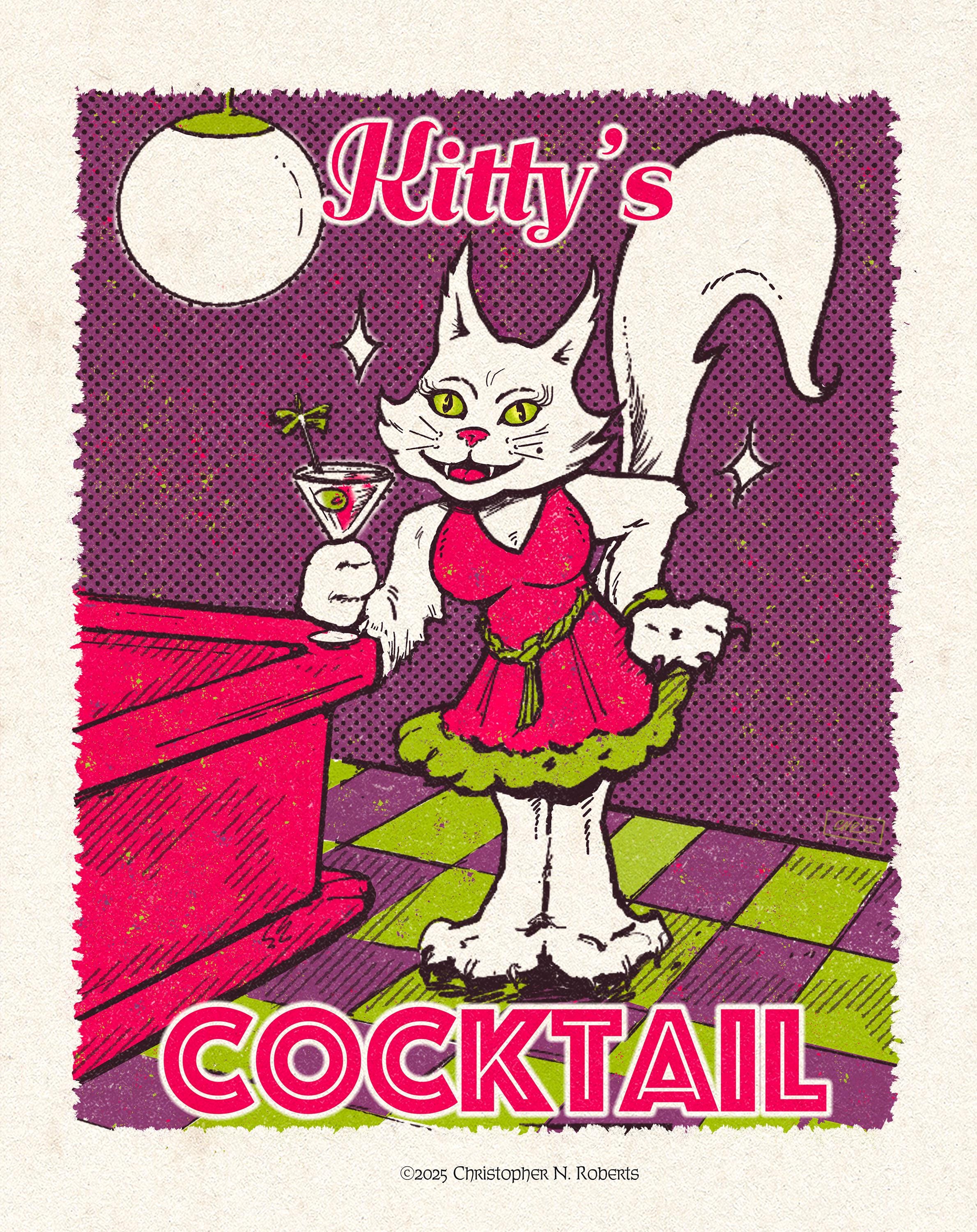 Kitty’s Cocktail – Colorful Sassy Cat Poster - Fun Cocktail Lounge Illustration | Art Print