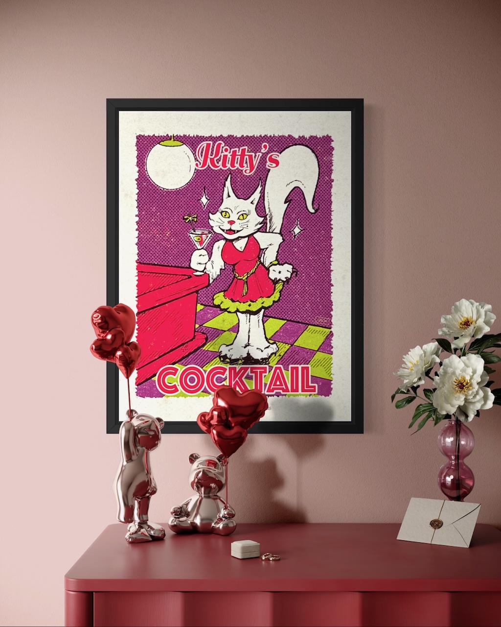 Kitty’s Cocktail – Colorful Sassy Cat Poster - Fun Cocktail Lounge Illustration | Art Print