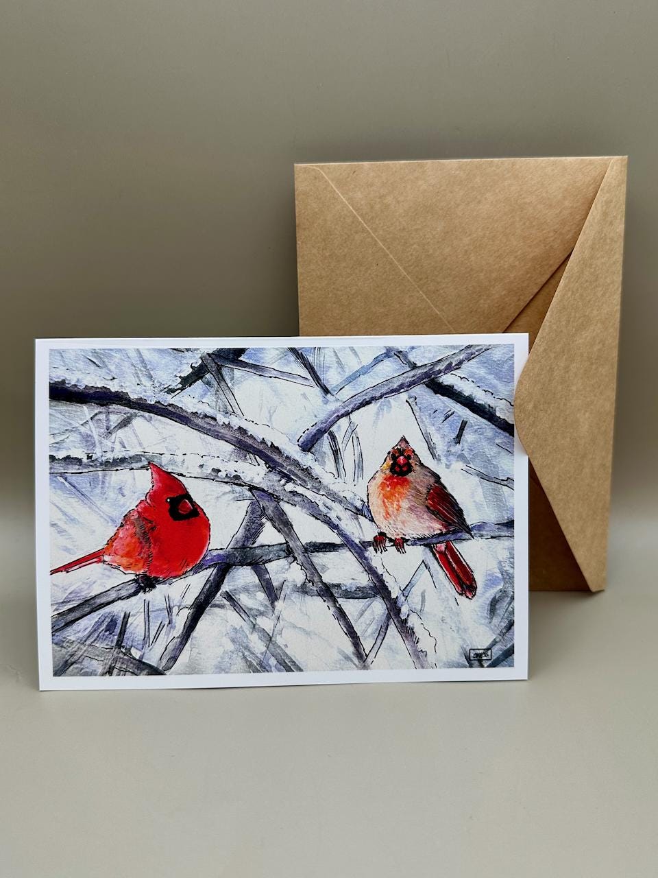 Pair of Cardinals - Male and Female Birds - Winter Watercolor | 5x7" Blank Greeting Card