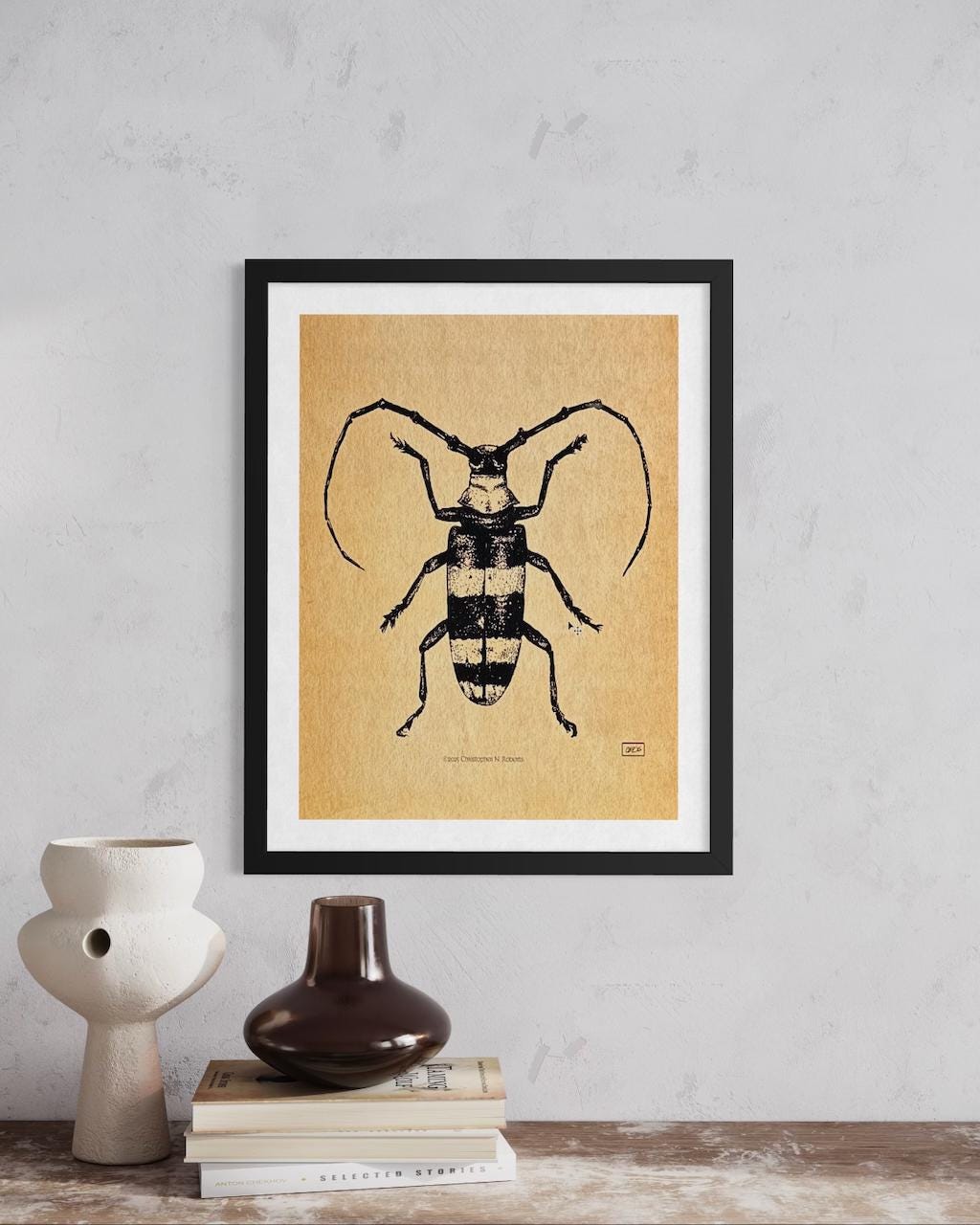 Longhorn Beetle Pen & Ink Taxidermy Study - Black and White Insect | Art Print