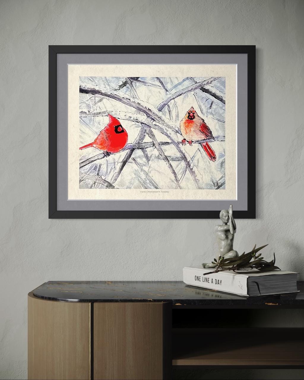 Pair of Cardinals - Male and Female Birds - Winter Landscape Watercolor | Art Print