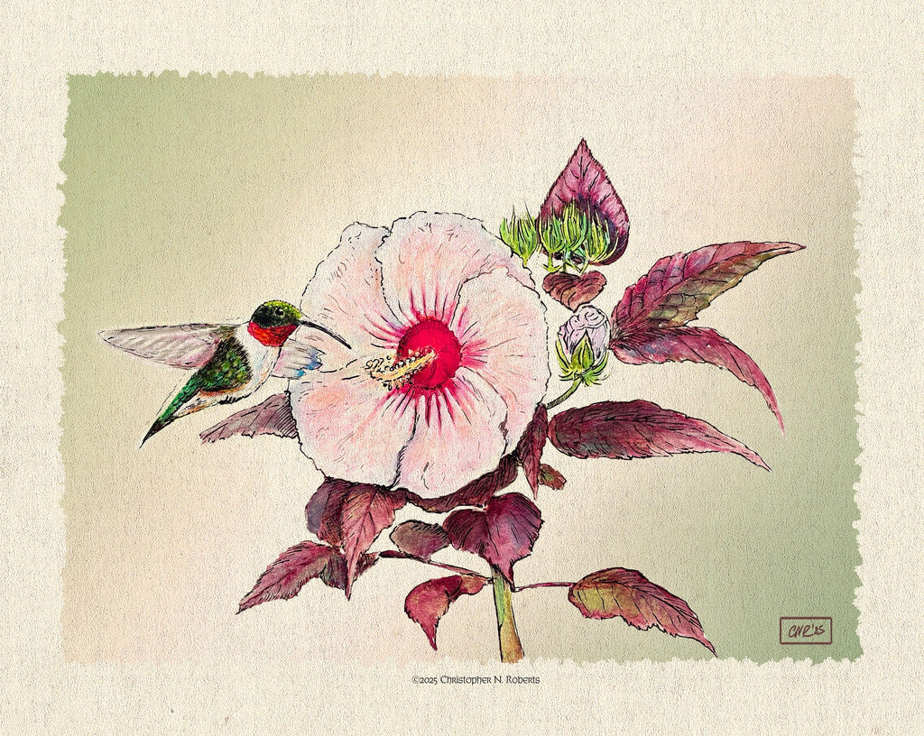 Hummingbird and Hibiscus Watercolor - Summer Garden Scene - Whimsical Botanical | Art Print