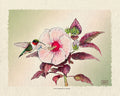 Hummingbird and Hibiscus Watercolor - Summer Garden Scene - Whimsical Botanical | Art Print
