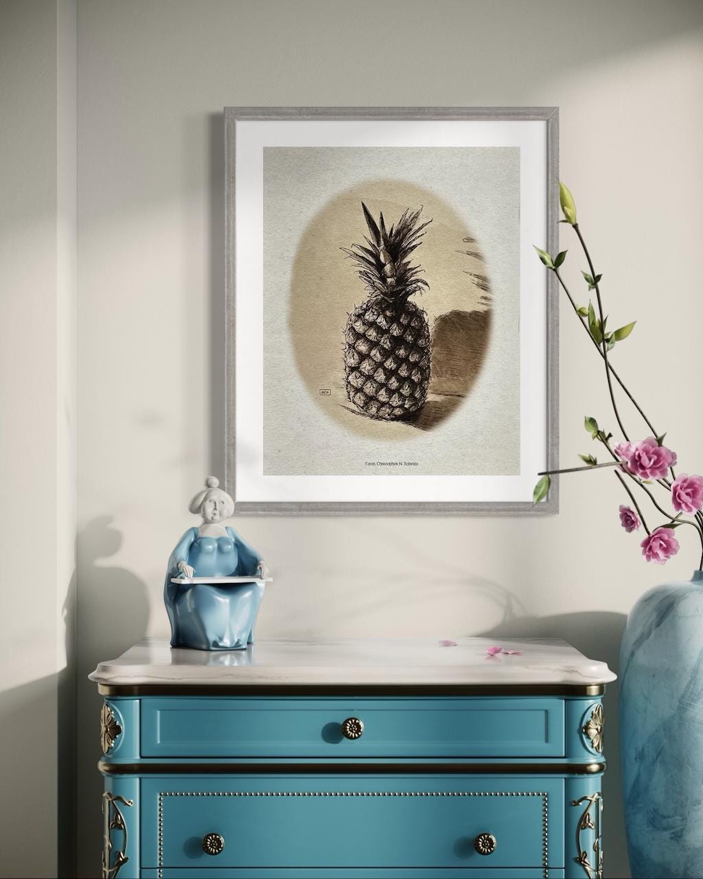 Sepia Pineapple Kitchen Decor: Traditional Pen & Ink Fruit Illustration | Art Print