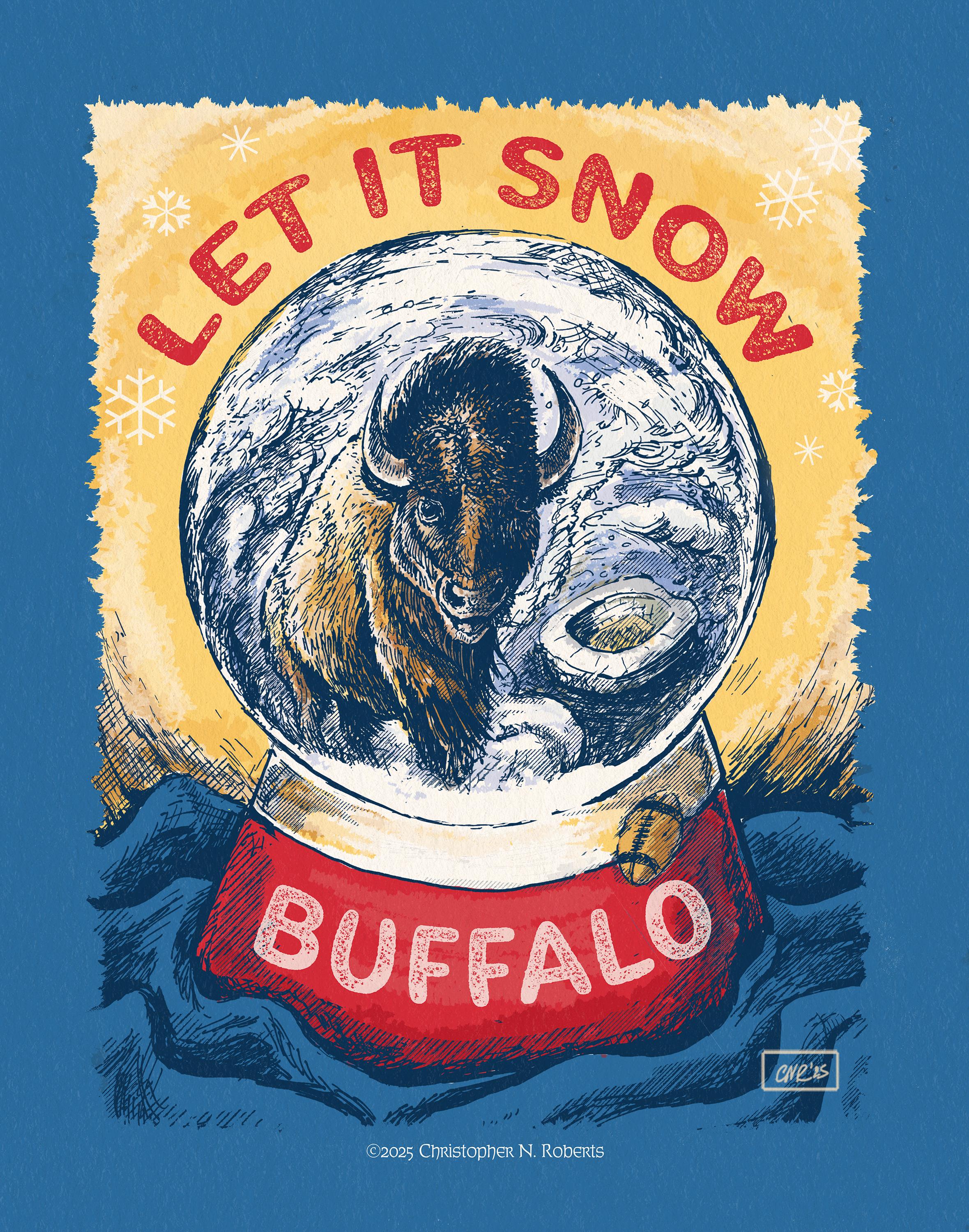 Buffalo Bills Bison Snow Globe  – Holiday Pen and Ink Poster | Art Print