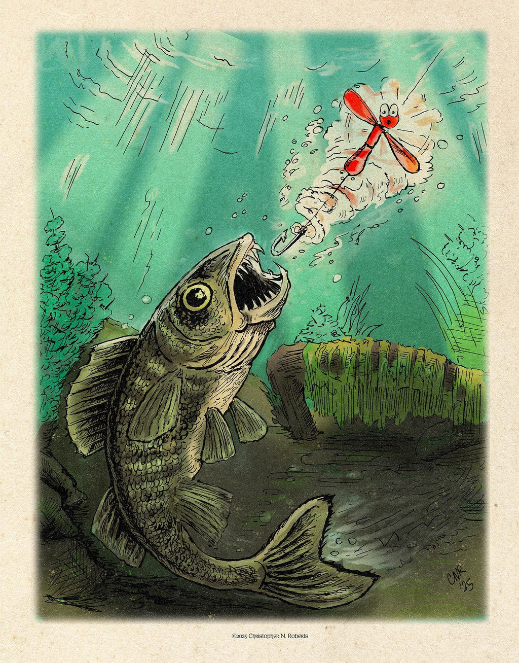Walleye Fishing & Spinning Lure Illustration – Whimsical Lodge Wall Decor | Art Print