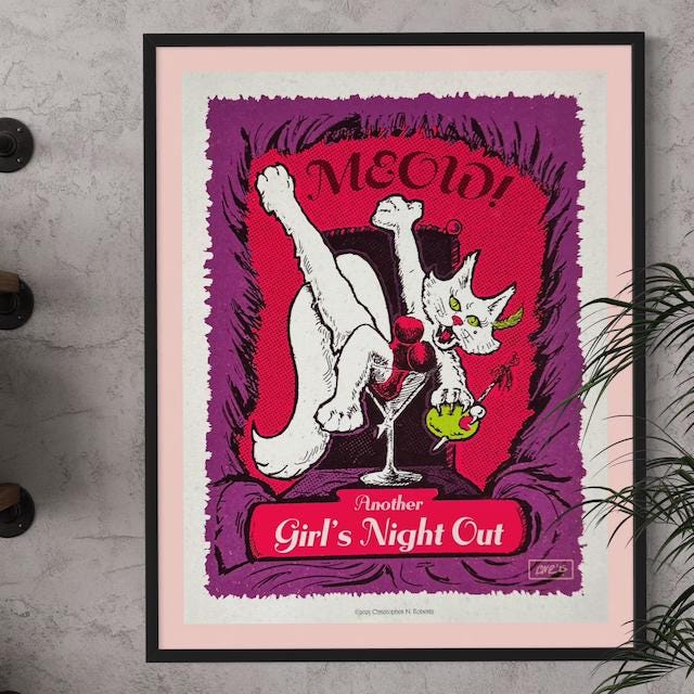 Girls Night Out - Sassy Cat in Martini Glass - Sexy Feline Poster | Art Print