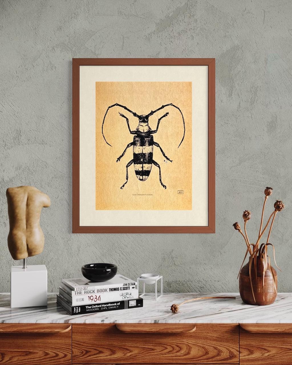 Longhorn Beetle Pen & Ink Taxidermy Study - Black and White Insect | Art Print