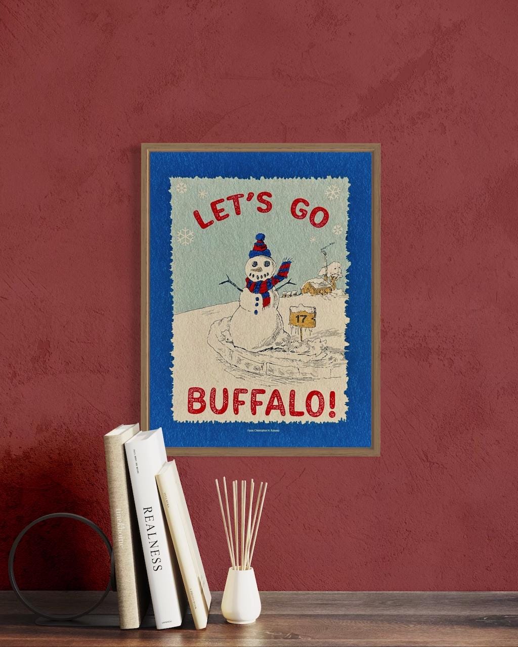 Let's Go Buffalo Football Holiday Snowman Fan Decor - Western NY Winter Scene  | Art Print