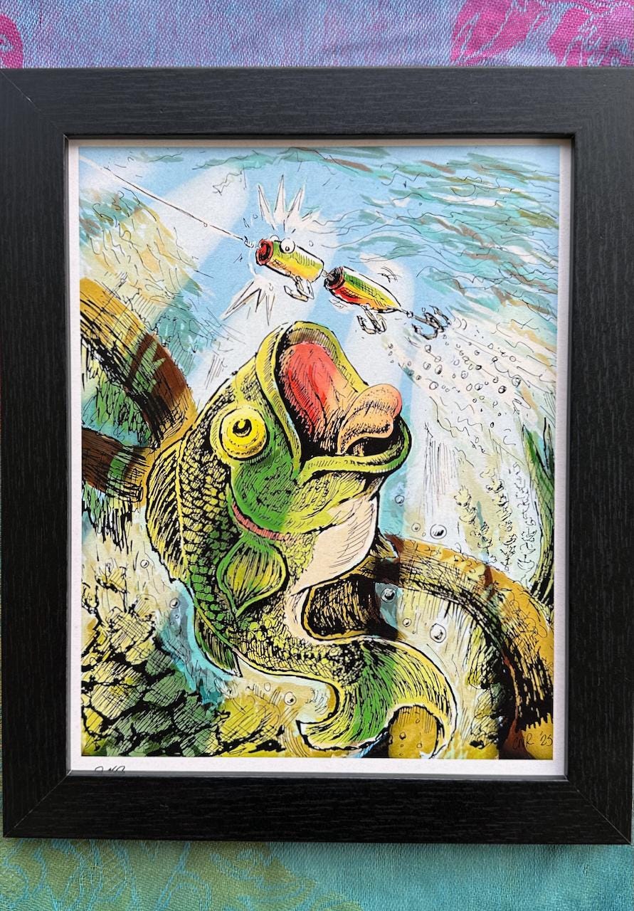 Bass and Lure Whimsical Fishing Pen & Ink Illustration - Camp Decor | Art Print