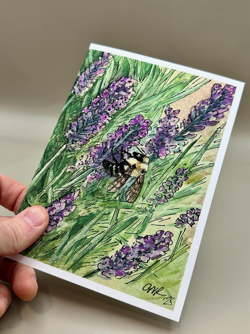 Bumble Bee on Lavender - Botanical Watercolor Print | 5x7" Blank Greeting Card