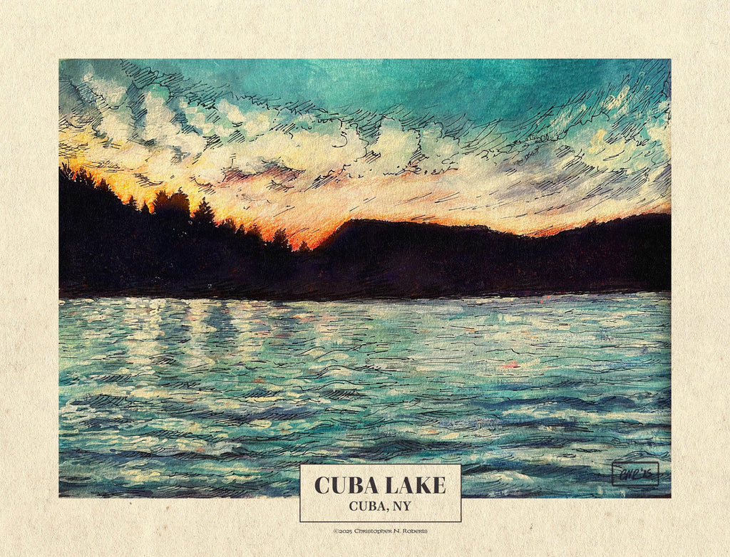 Cuba NY Lake Sunset Watercolor Landscape Scene | 8x10" Art Print