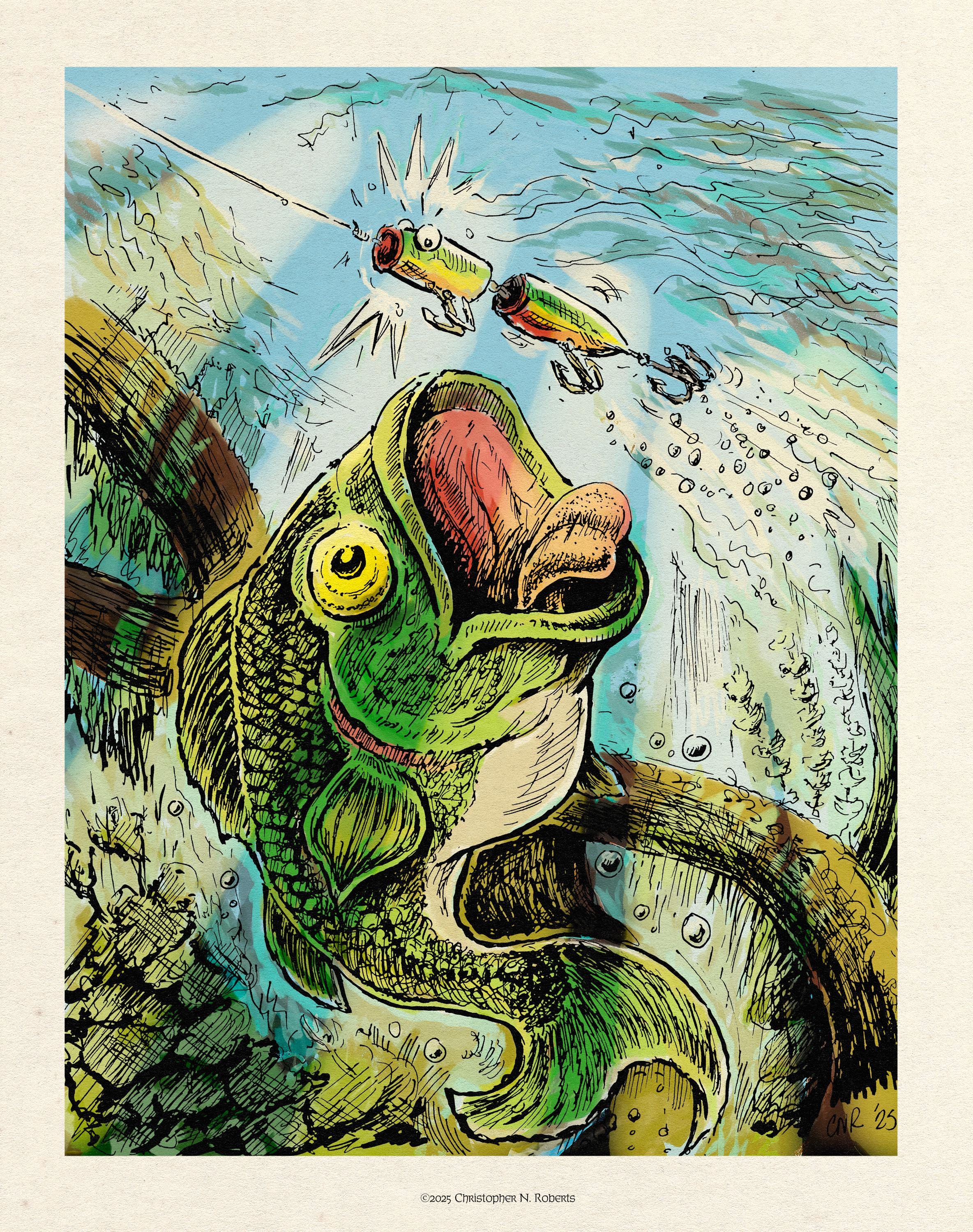 Bass and Lure Whimsical Fishing Pen & Ink Illustration - Camp Decor | Art Print