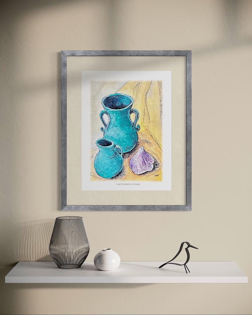 Celadon Green Pottery and Garlic Clove - Watercolor Still Life | Art Print