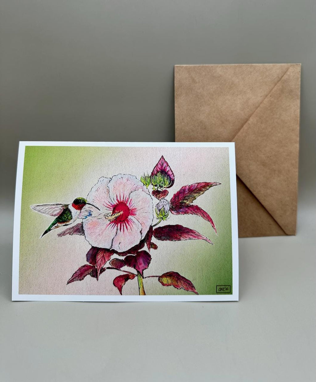 Hummingbird and Hibiscus Botanical Watercolor Art Print | 5x7" Blank Greeting Card