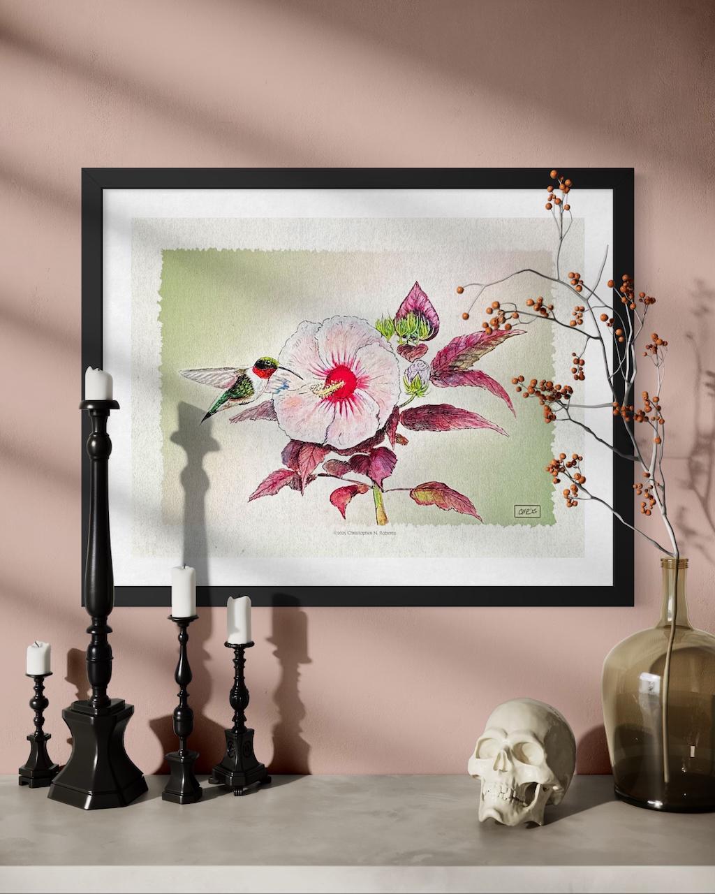 Hummingbird and Hibiscus Watercolor - Summer Garden Scene - Whimsical Botanical | Art Print