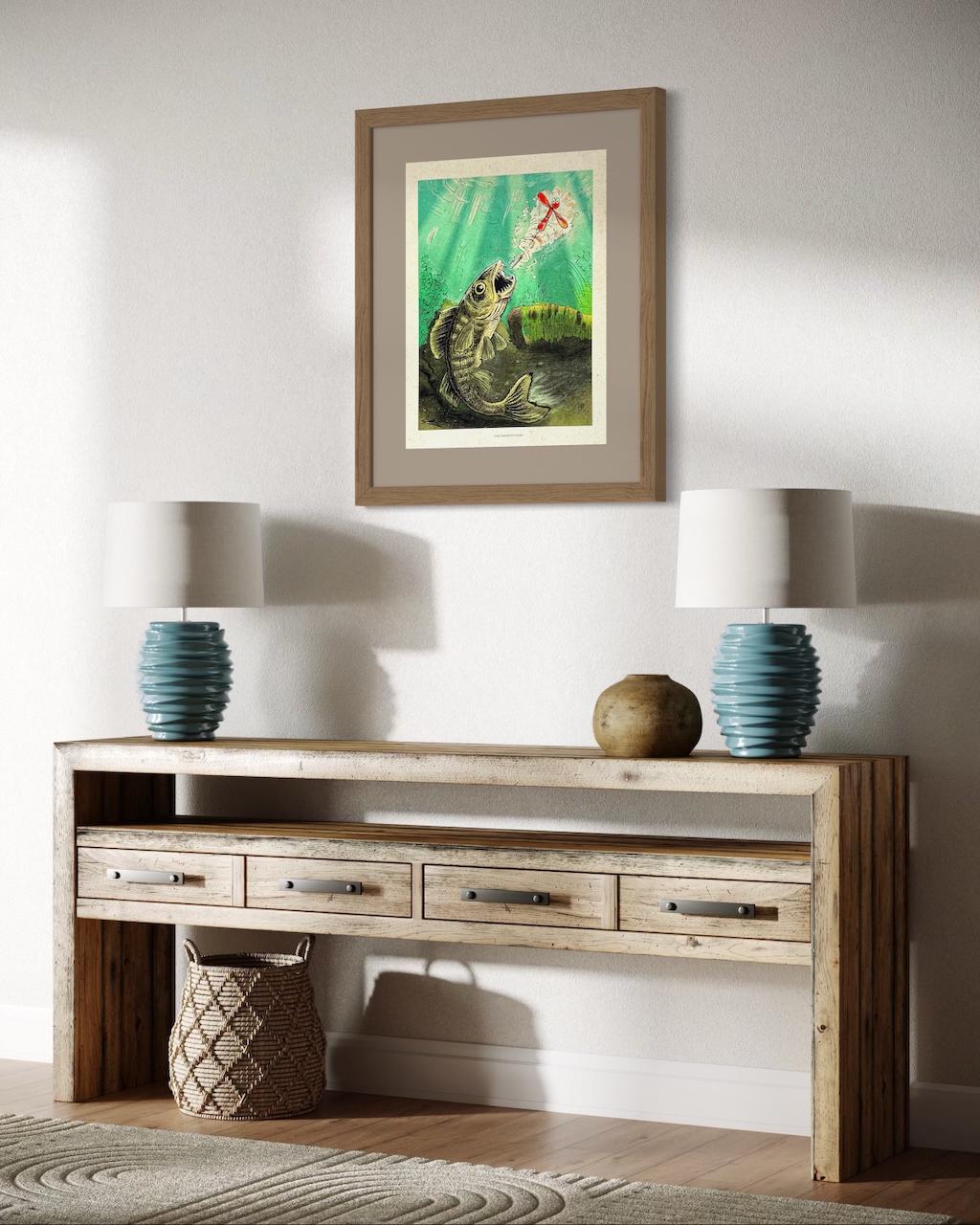 Walleye Fishing & Spinning Lure Illustration – Whimsical Lodge Wall Decor | Art Print