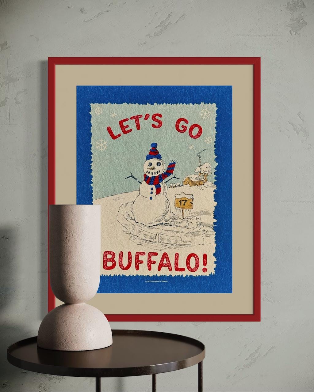 Let's Go Buffalo Football Holiday Snowman Fan Decor - Western NY Winter Scene  | Art Print