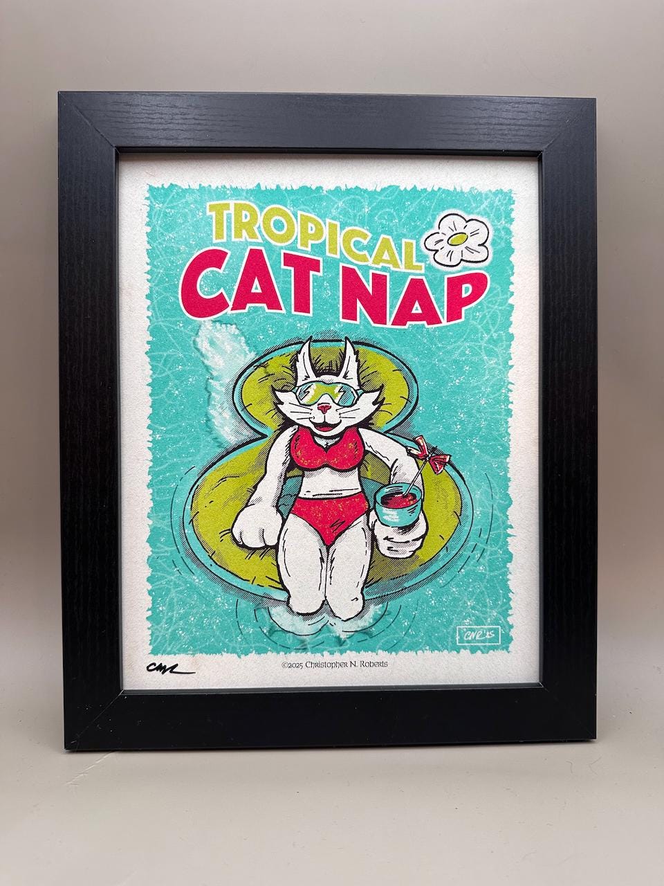 Tropical Cat Nap – Cat in Pool with Cocktail - Whimsical Feline Wall Decor | Art Print