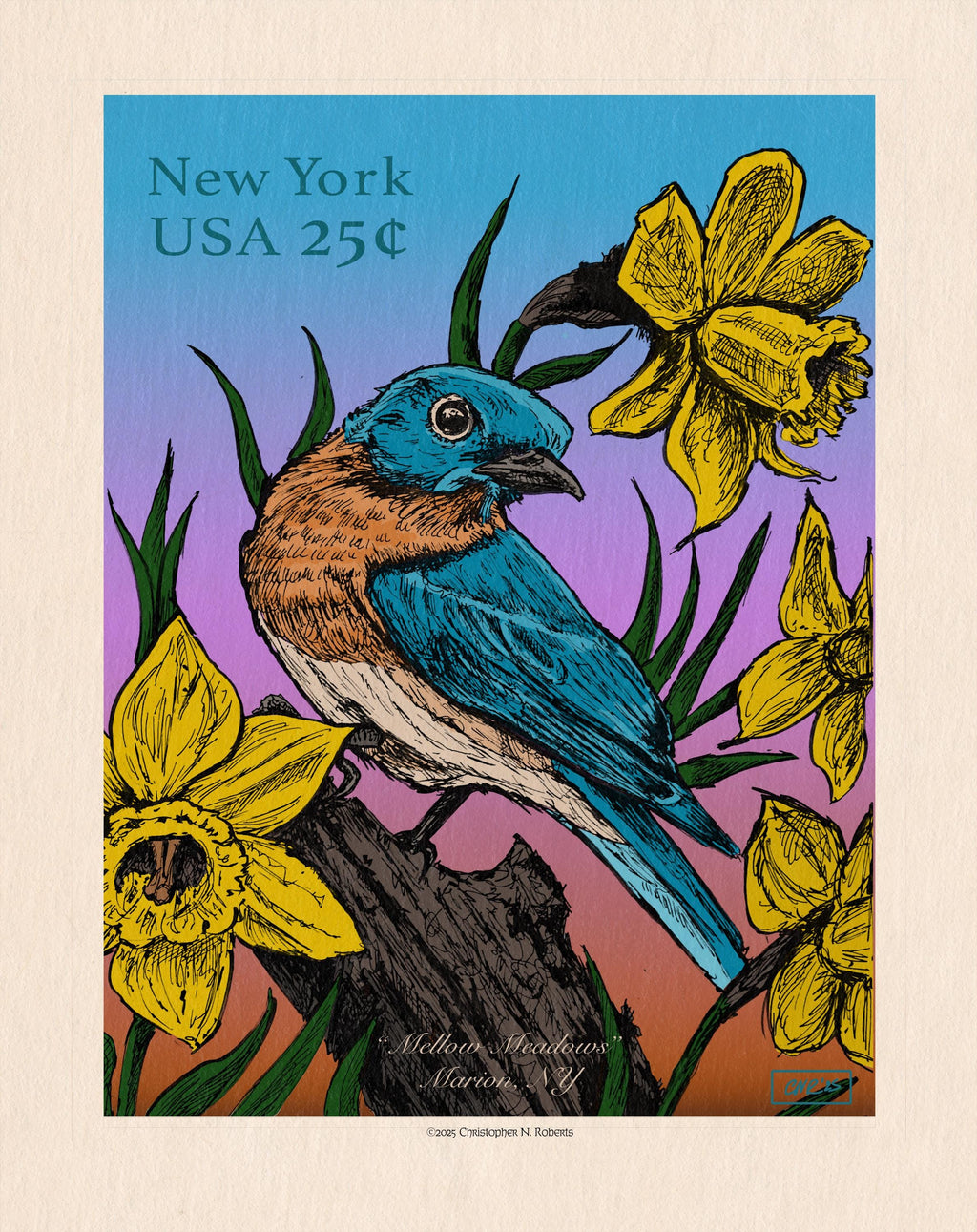 Bluebird and Daffodil Whimsical Stamp - Vintage Pen & Ink Illustration - Bird Lovers | Art Print