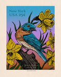 Bluebird and Daffodil Whimsical Stamp - Vintage Pen & Ink Illustration - Bird Lovers | Art Print
