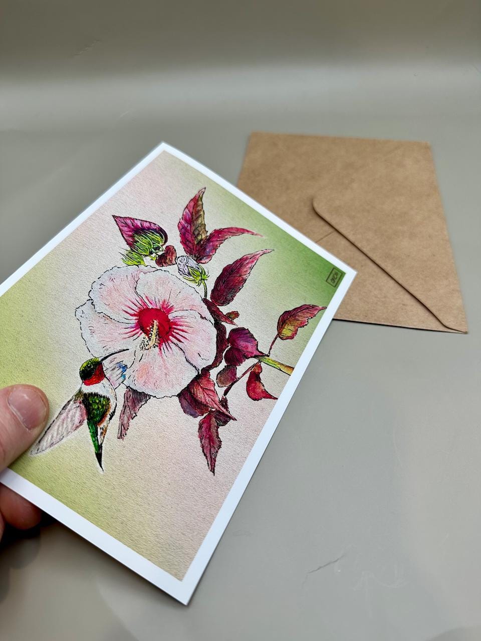 Hummingbird and Hibiscus Botanical Watercolor Art Print | 5x7" Blank Greeting Card