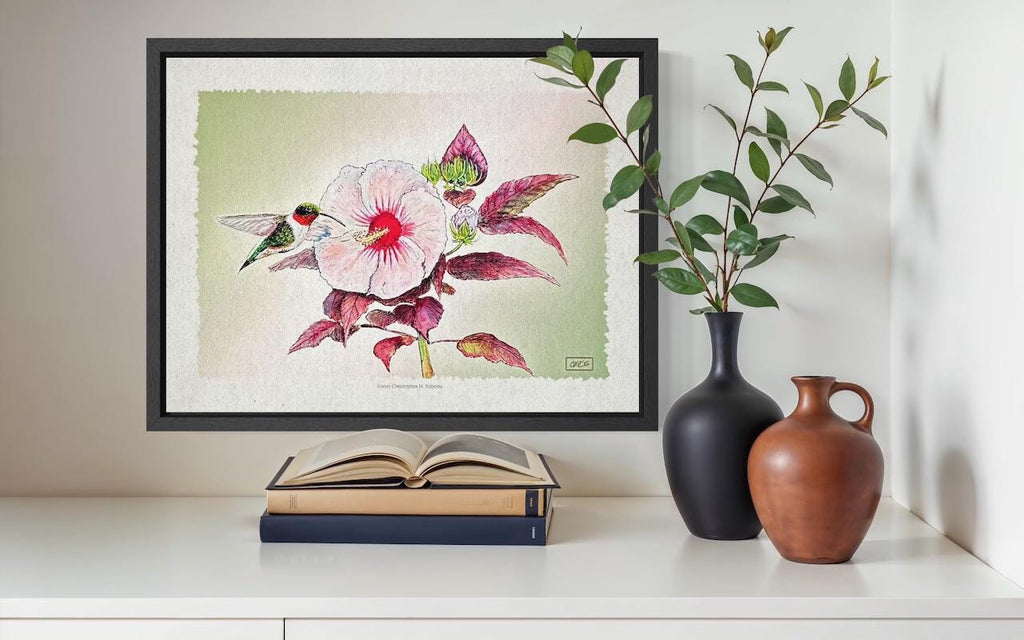 Hummingbird and Hibiscus Watercolor - Summer Garden Scene - Whimsical Botanical | Art Print