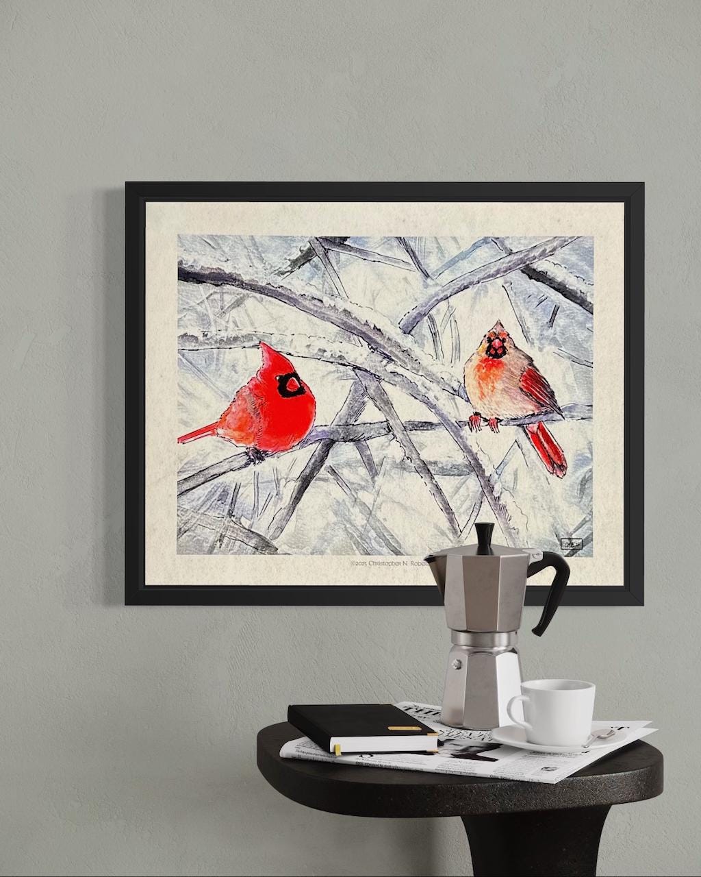 Pair of Cardinals - Male and Female Birds - Winter Landscape Watercolor | Art Print