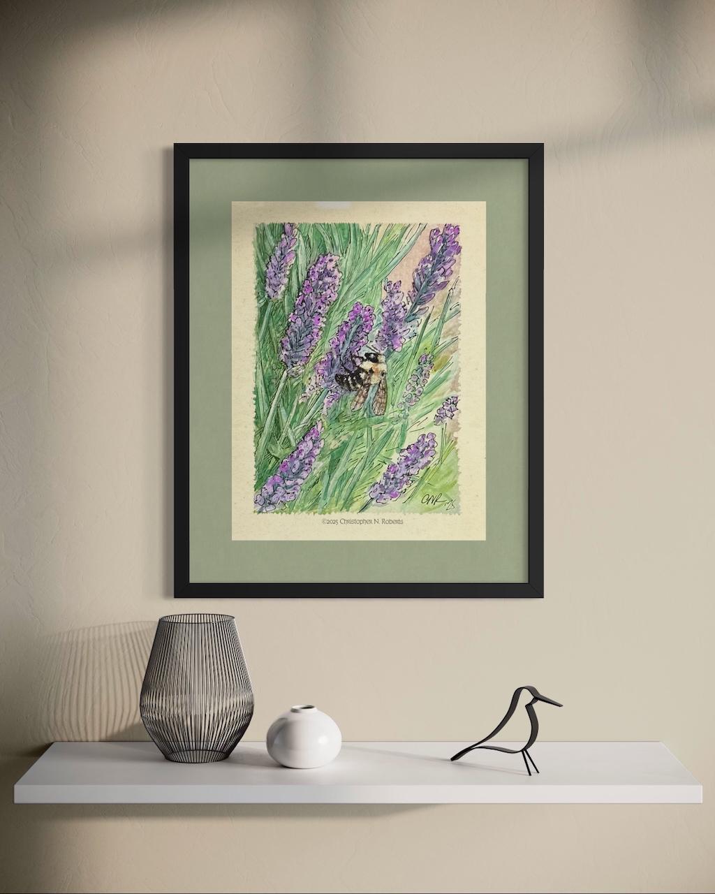 Bumble Bee on Lavender - Nature Lover Botanical Illustration - Watercolor and Pen | Art Print