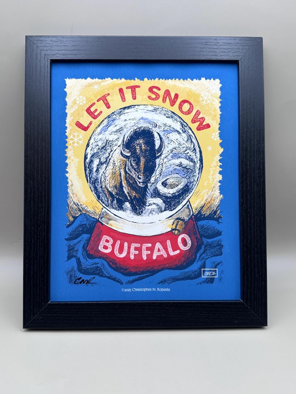 Buffalo Bills Bison Snow Globe  – Holiday Pen and Ink Poster | Art Print