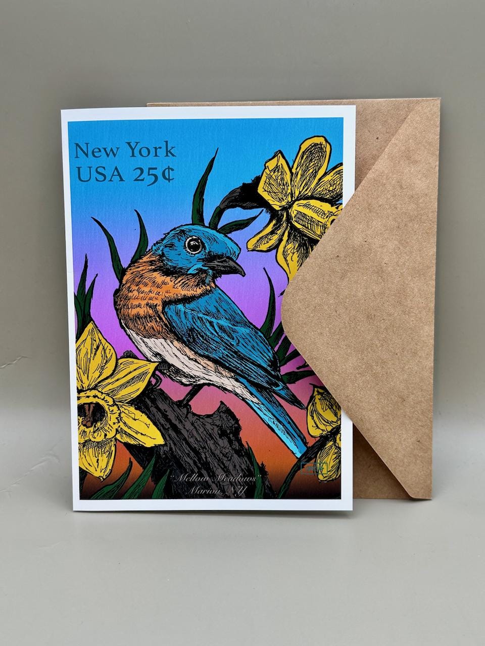 Bluebird and Daffodil Print - Vintage Pen & Ink Illustration | 5x7" Blank Greeting Card