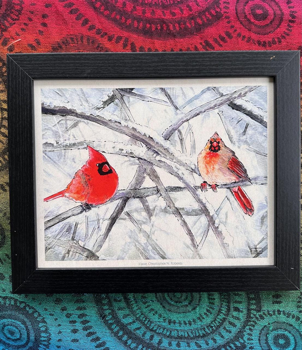 Pair of Cardinals - Male and Female Birds - Winter Landscape Watercolor | Art Print