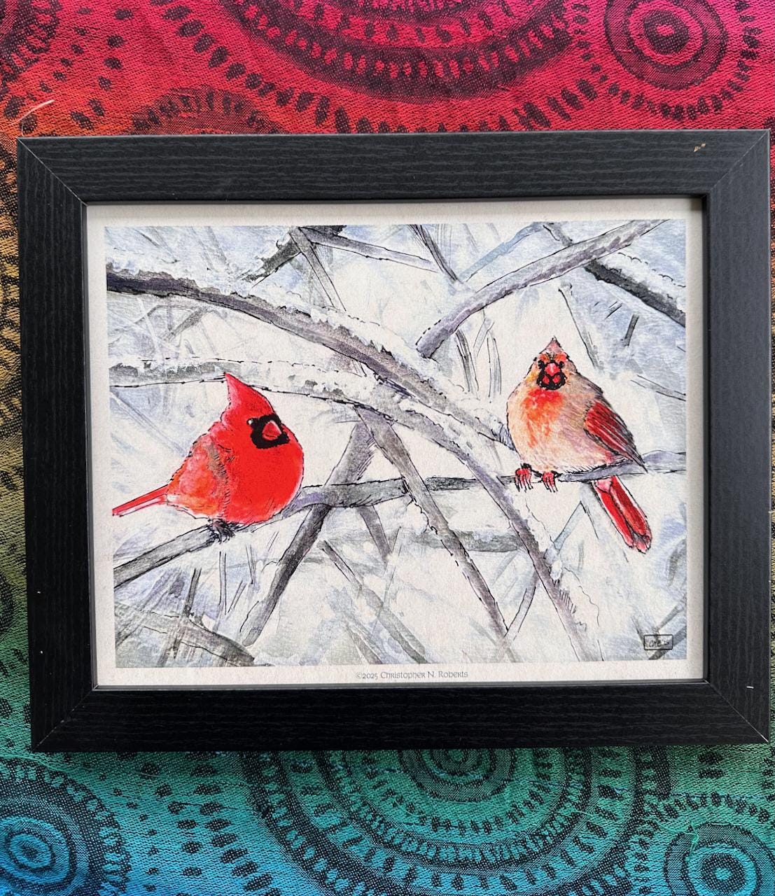 Pair of Cardinals - Male and Female Birds - Winter Landscape Watercolor | Art Print