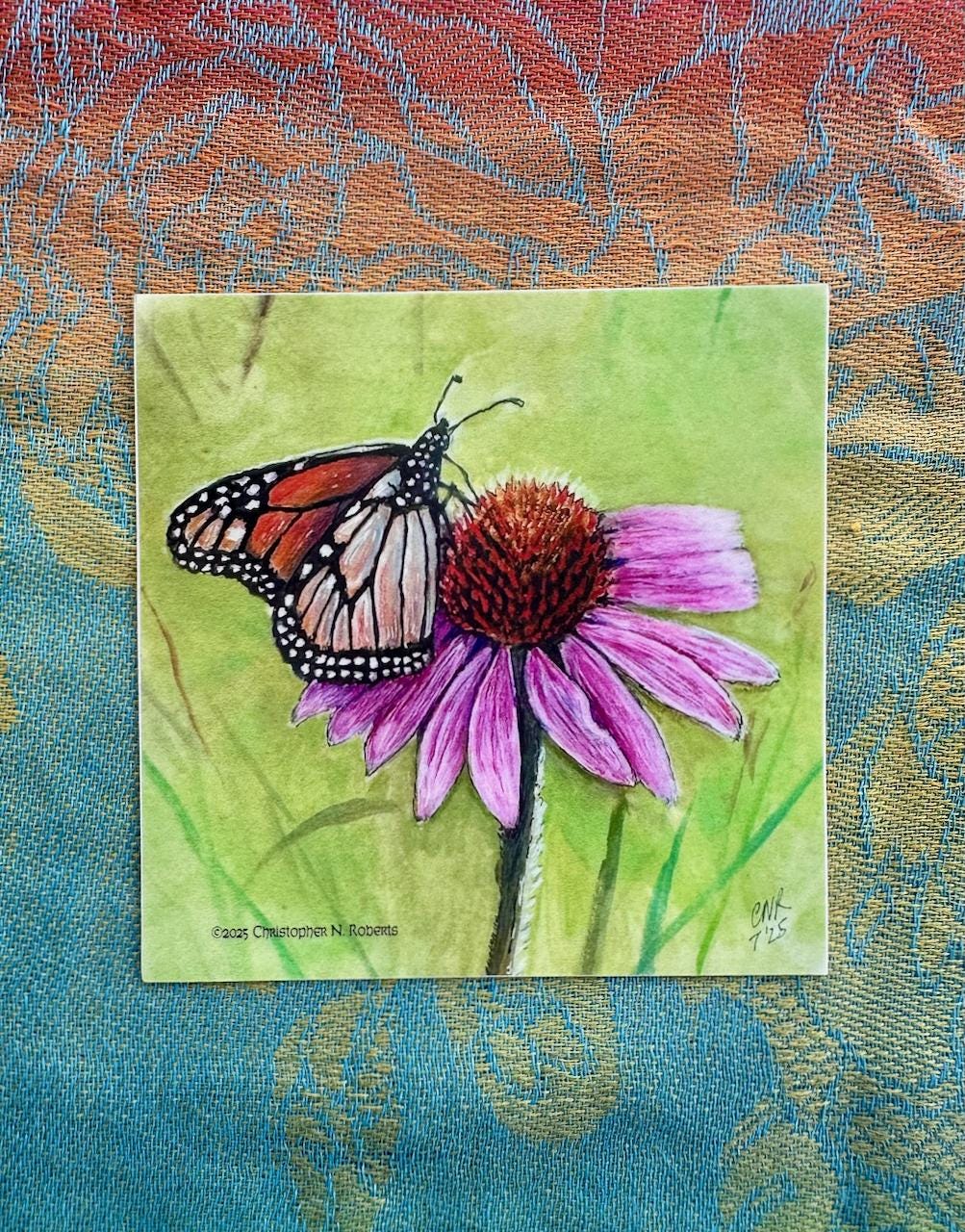 Monarch and Cone Flower Watercolor Art | 4" Waterproof Sticker