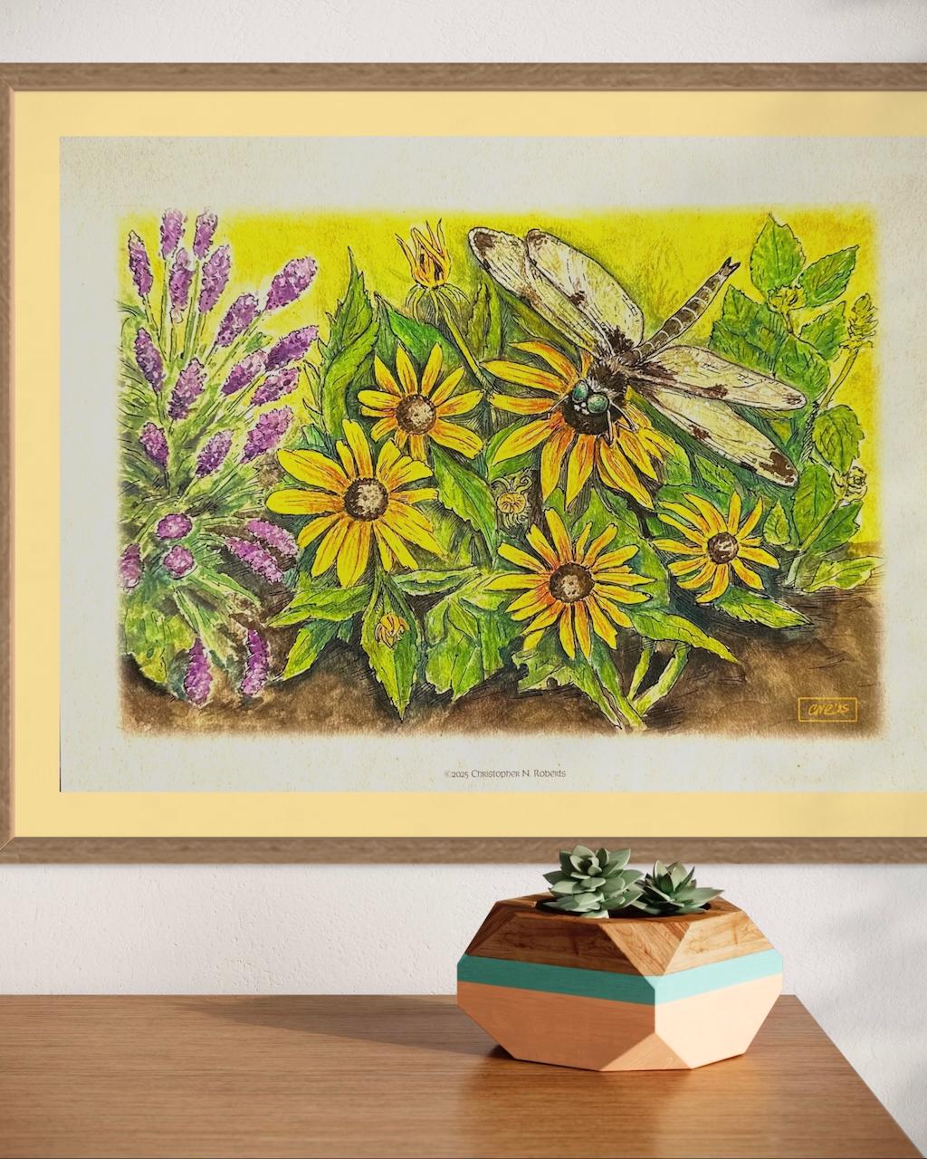 Dragonfly's Garden - Lavender, Mint and Black-Eyed Susans - Botanical Drawing | Art Print