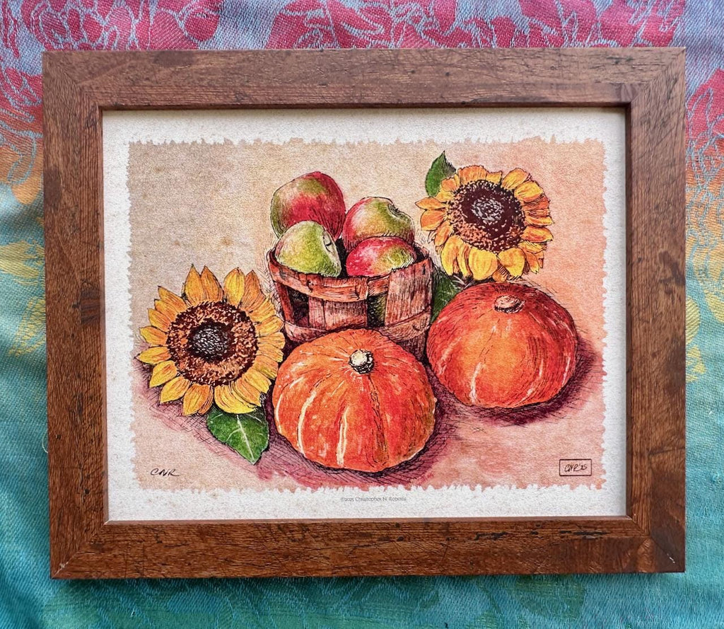 Fall Harvest Watercolor Still Life - Apples, Gourds, Sunflowers | Art Print