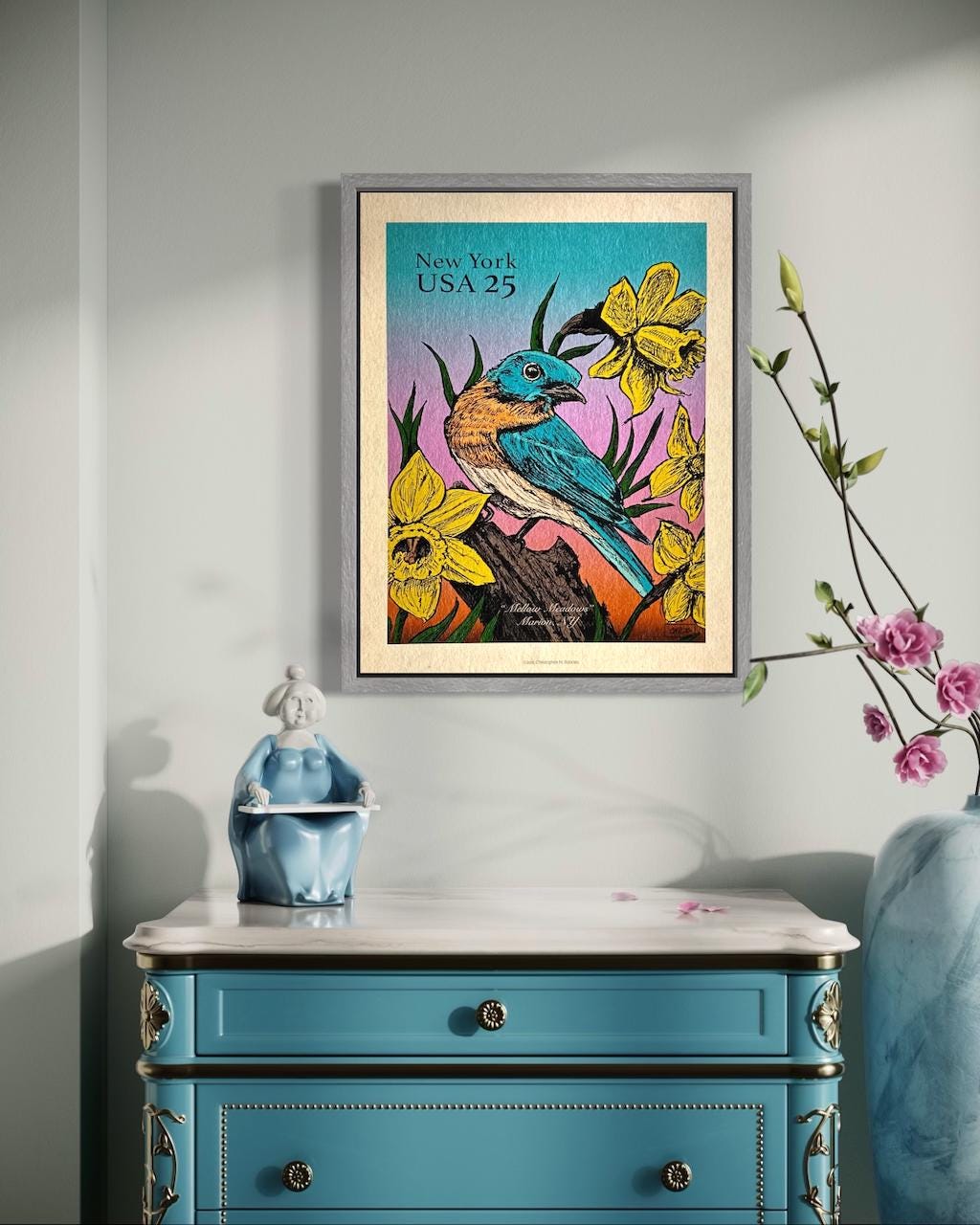 Bluebird and Daffodil Whimsical Stamp - Vintage Pen & Ink Illustration - Bird Lovers | Art Print