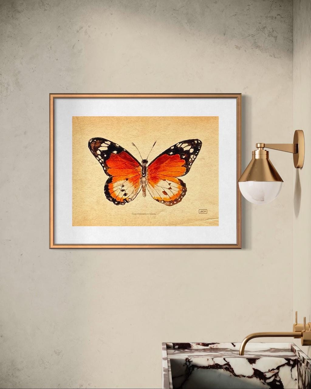 African Monarch Watercolor Taxidermy Study - Vintage Parchment Variant | Art Print
