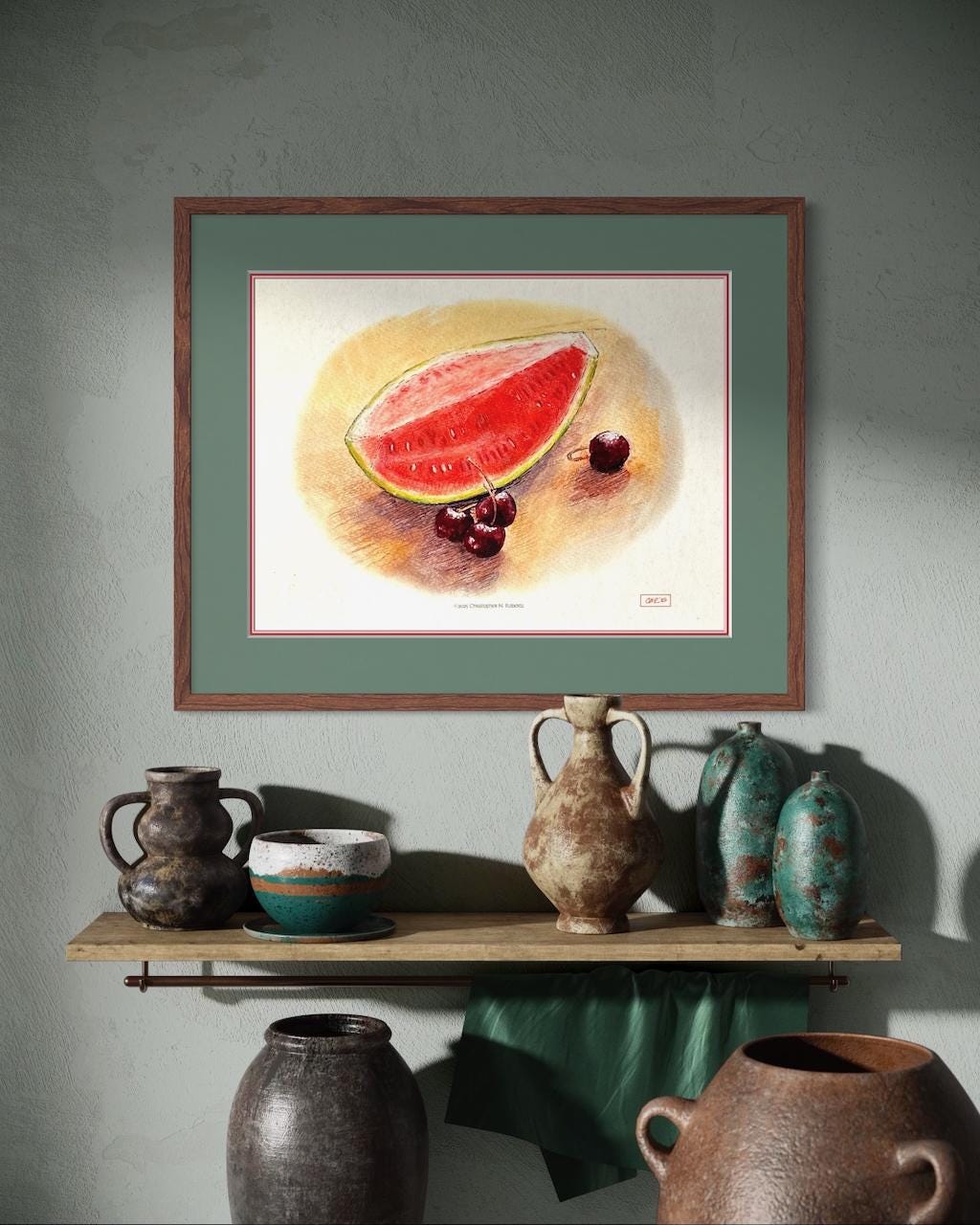 Watermelon & Cherries Watercolor Still Life – Summer Kitchen | Art Print