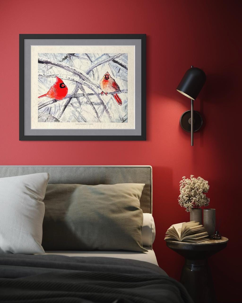 Pair of Cardinals - Male and Female Birds - Winter Landscape Watercolor | Art Print