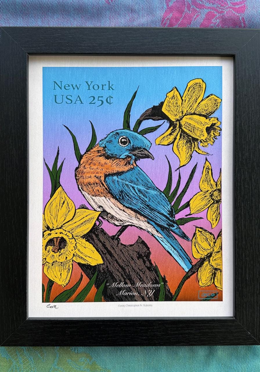 Bluebird and Daffodil Whimsical Stamp - Vintage Pen & Ink Illustration - Bird Lovers | Art Print