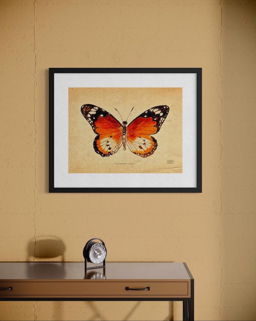 African Monarch Watercolor Taxidermy Study - Vintage Parchment Variant | Art Print
