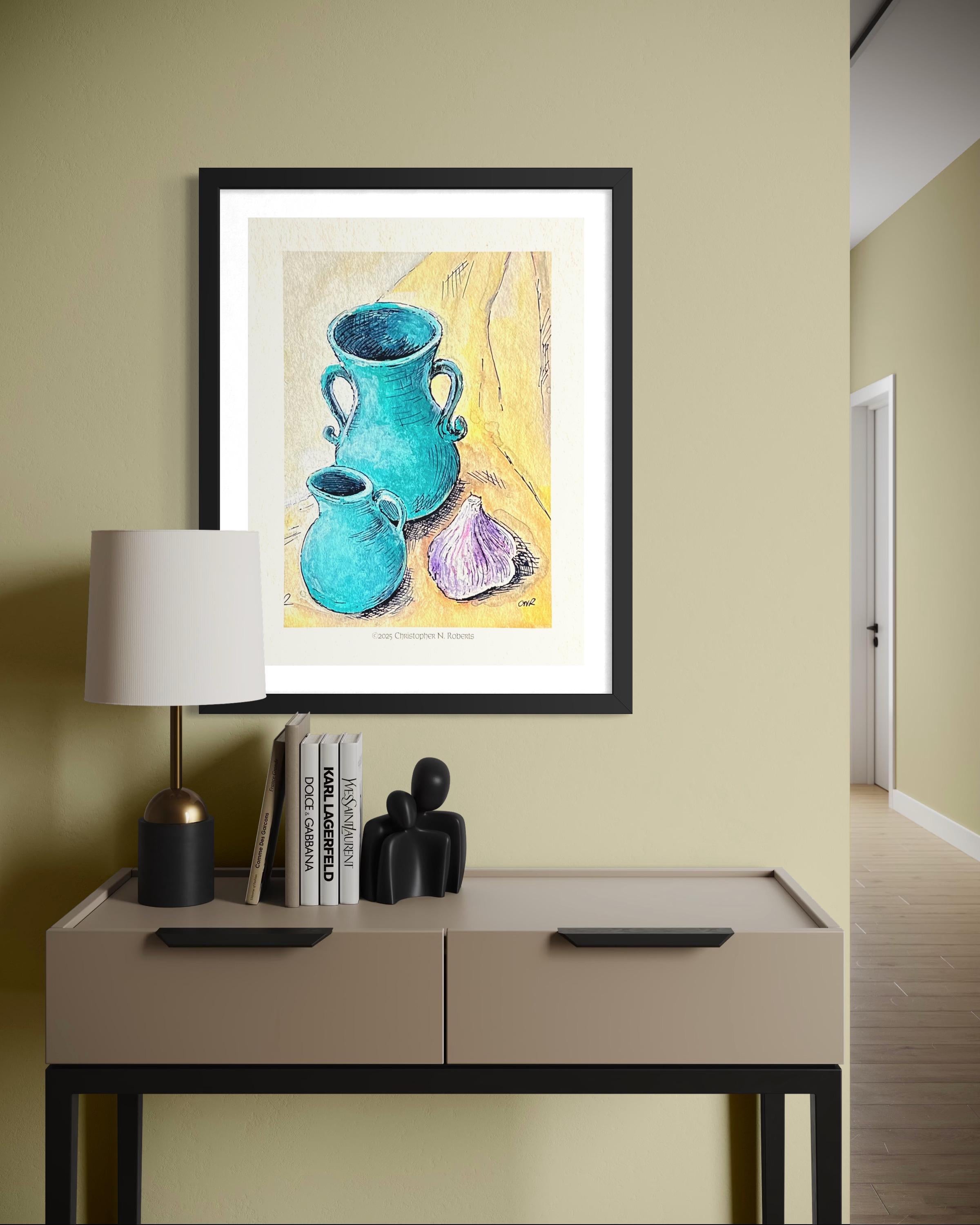 Celadon Green Pottery and Garlic Clove - Watercolor Still Life | Art Print