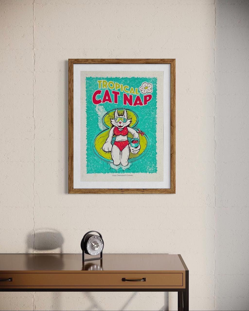 Tropical Cat Nap – Cat in Pool with Cocktail - Whimsical Feline Wall Decor | Art Print