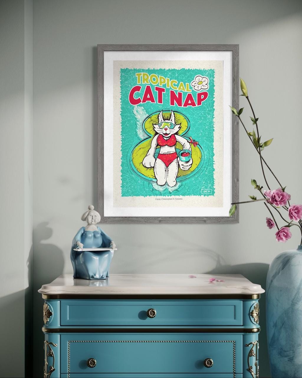 Tropical Cat Nap – Cat in Pool with Cocktail - Whimsical Feline Wall Decor | Art Print
