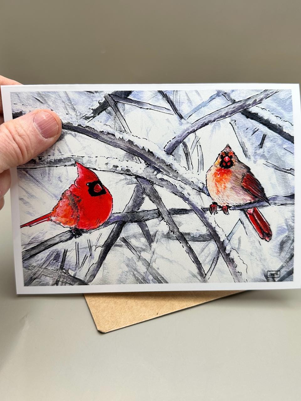 Pair of Cardinals - Male and Female Birds - Winter Watercolor | 5x7" Blank Greeting Card
