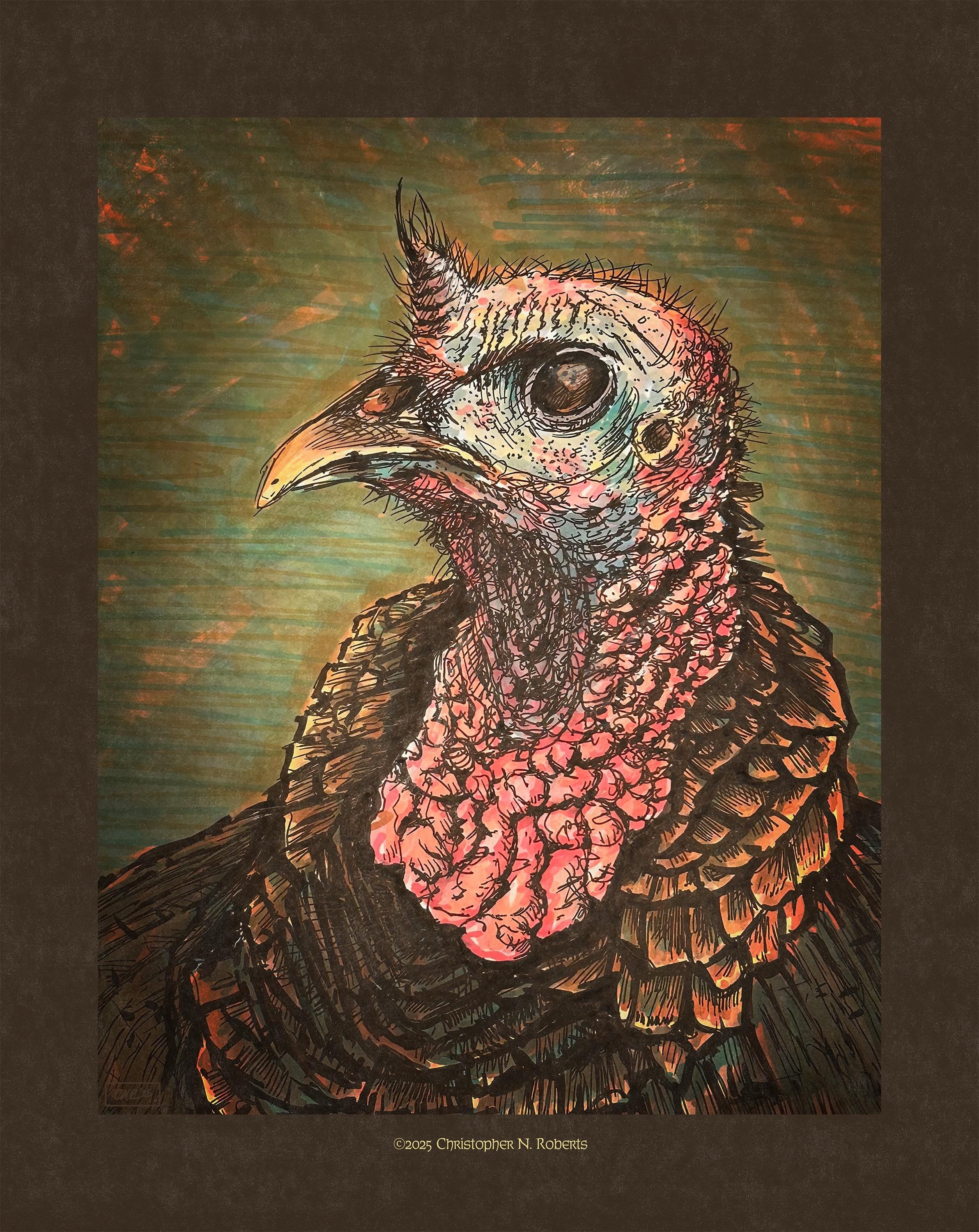 Tom Turkey Gobbler Bird Portrait - Illustrated Pen & Ink - Autumn and Thanksgiving Decor | Art Print