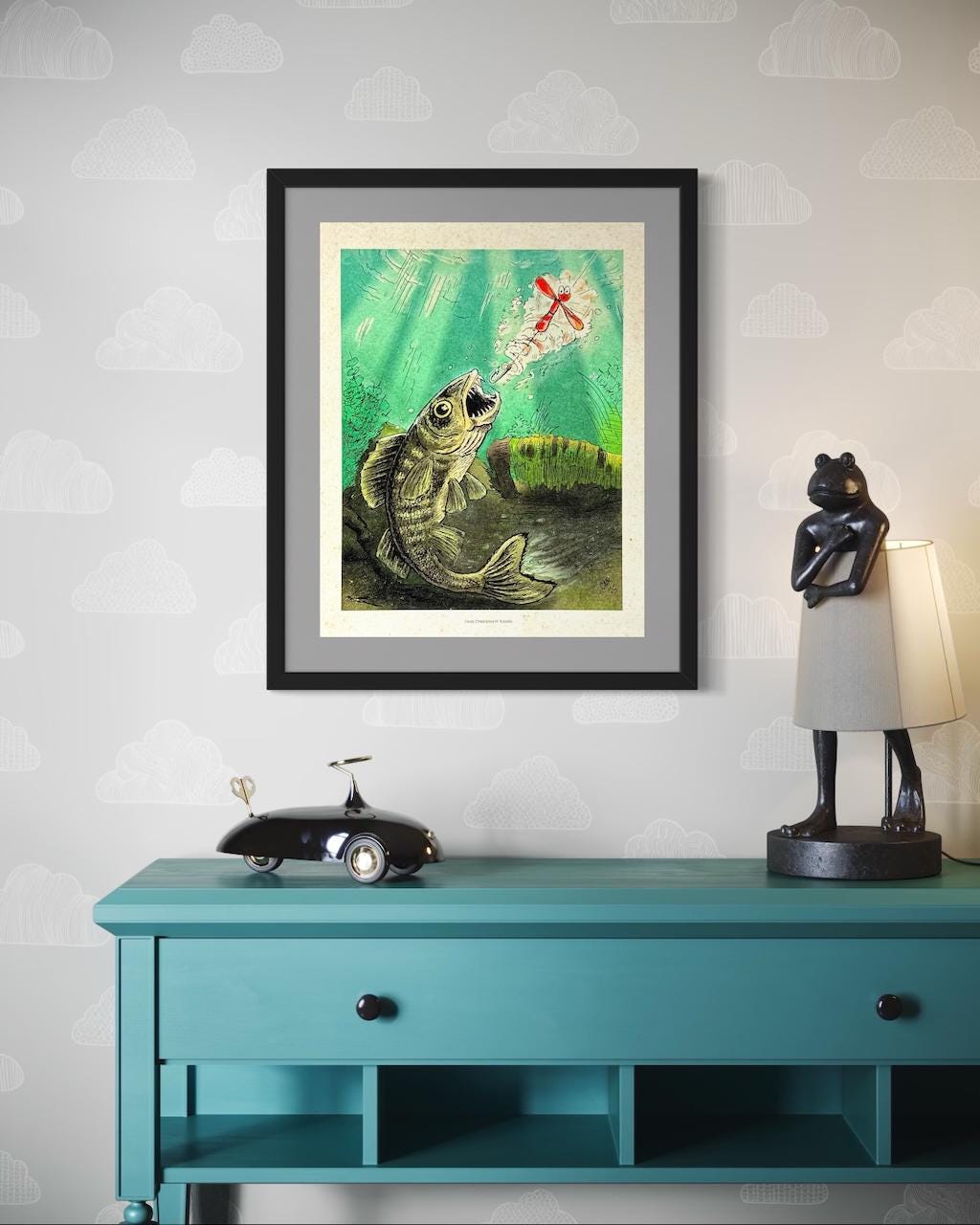 Walleye Fishing & Spinning Lure Illustration – Whimsical Lodge Wall Decor | Art Print