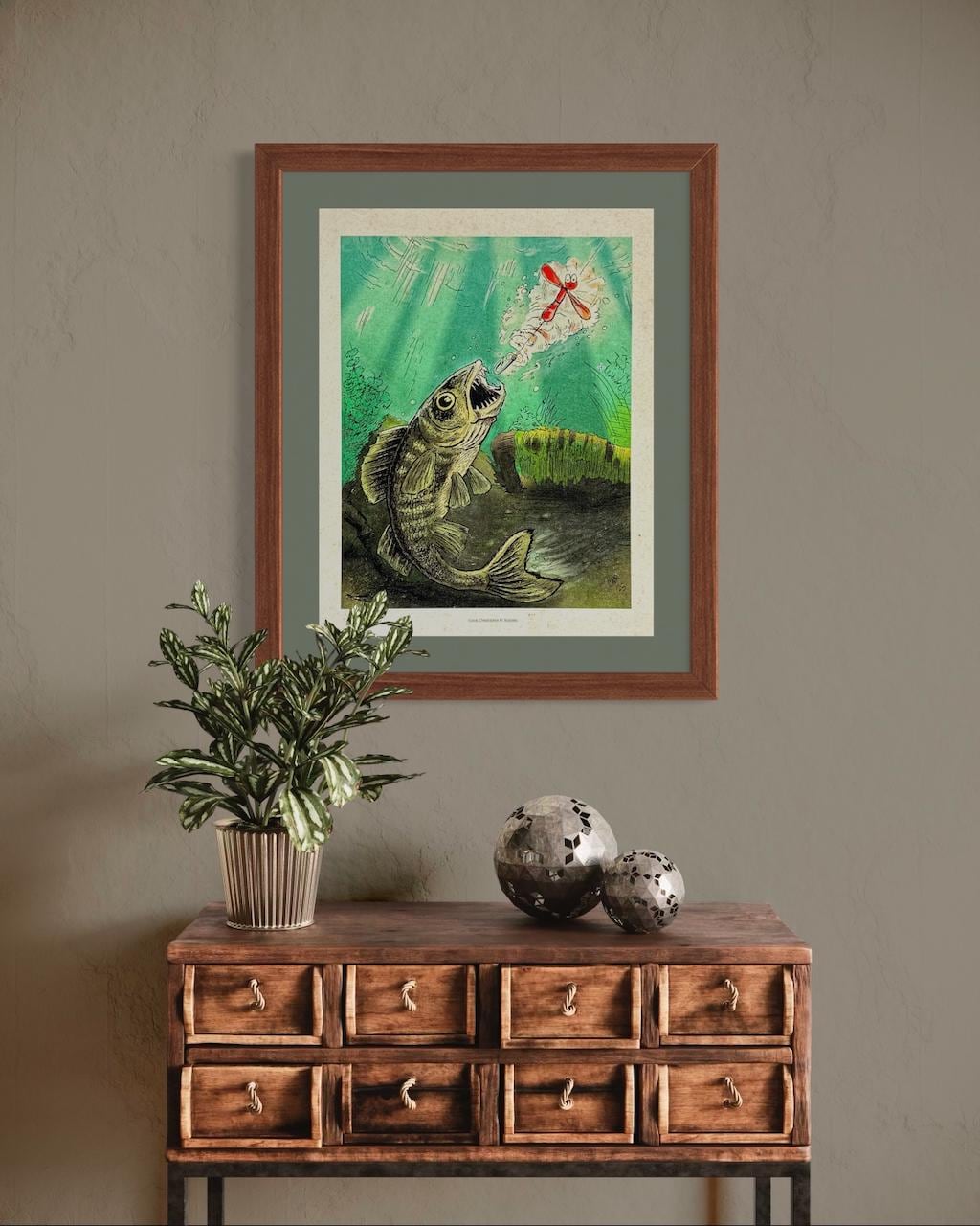 Walleye Fishing & Spinning Lure Illustration – Whimsical Lodge Wall Decor | Art Print