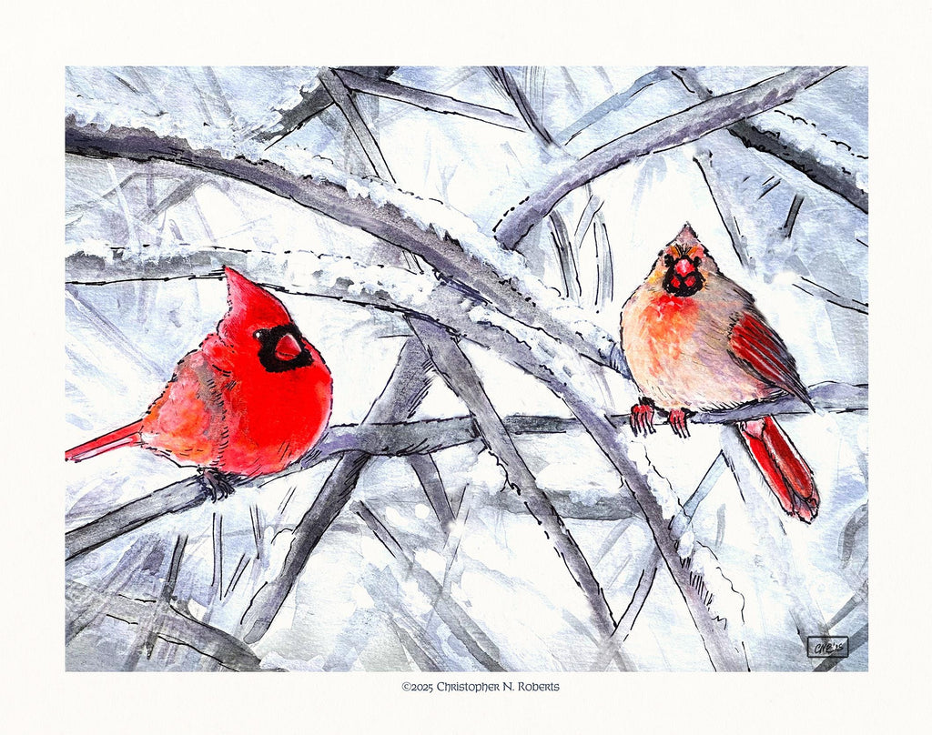 Pair of Cardinals - Male and Female Birds - Winter Landscape Watercolor | Art Print